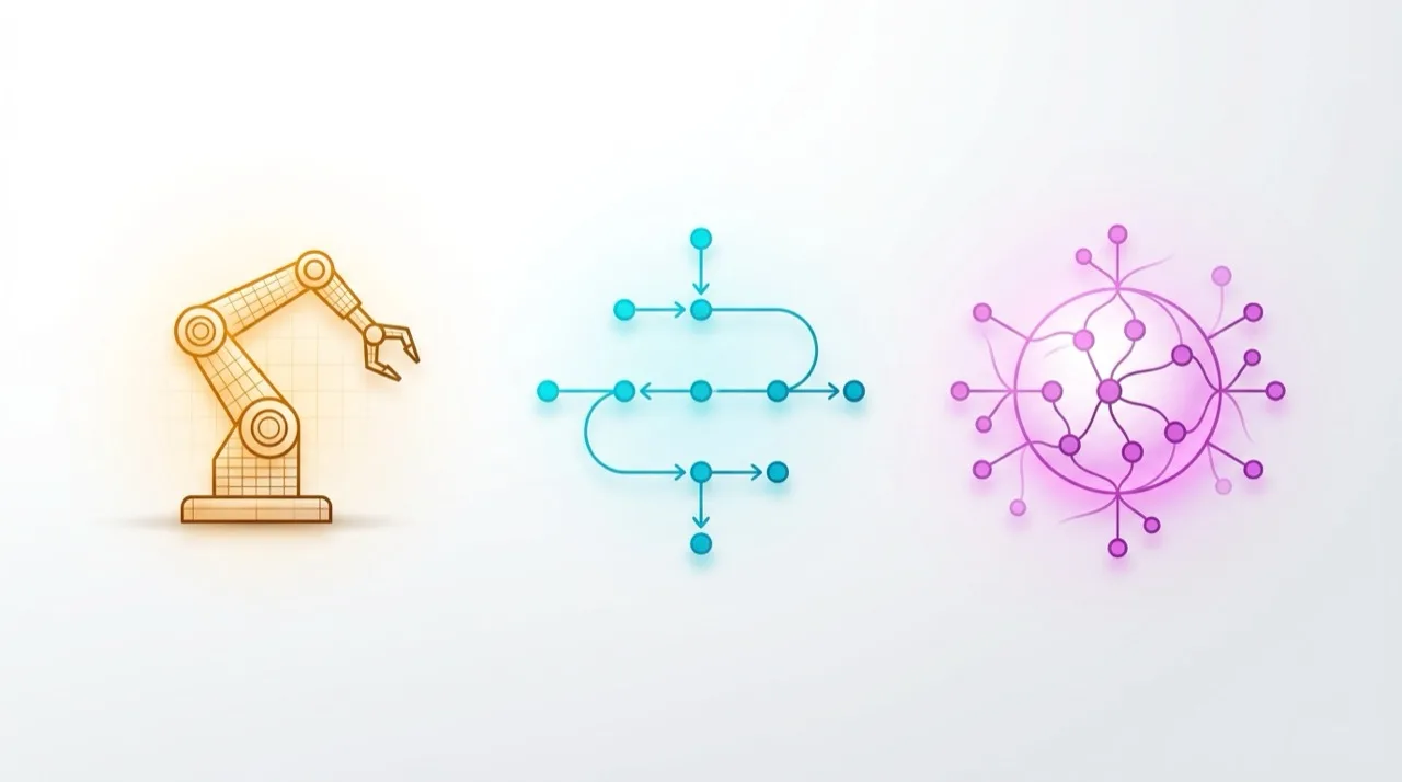 Composición editorial: tres nodos tecnológicos abstractos lado a lado sobre gradiente blanco — brazo robótico rígido ámbar (RPA), dots conectados cian (workflow automation) y orbe neural magenta irradiando (agente IA) — hero comparativa tres tecnologías 2026