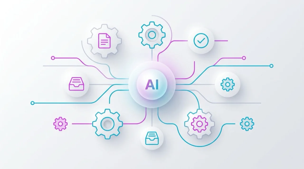 Iconos abstractos de engranajes, flujo de documentos y nodo central IA conectados por líneas cian y magenta sobre fondo neutro claro — composición editorial minimalista de automatización de procesos empresariales con IA