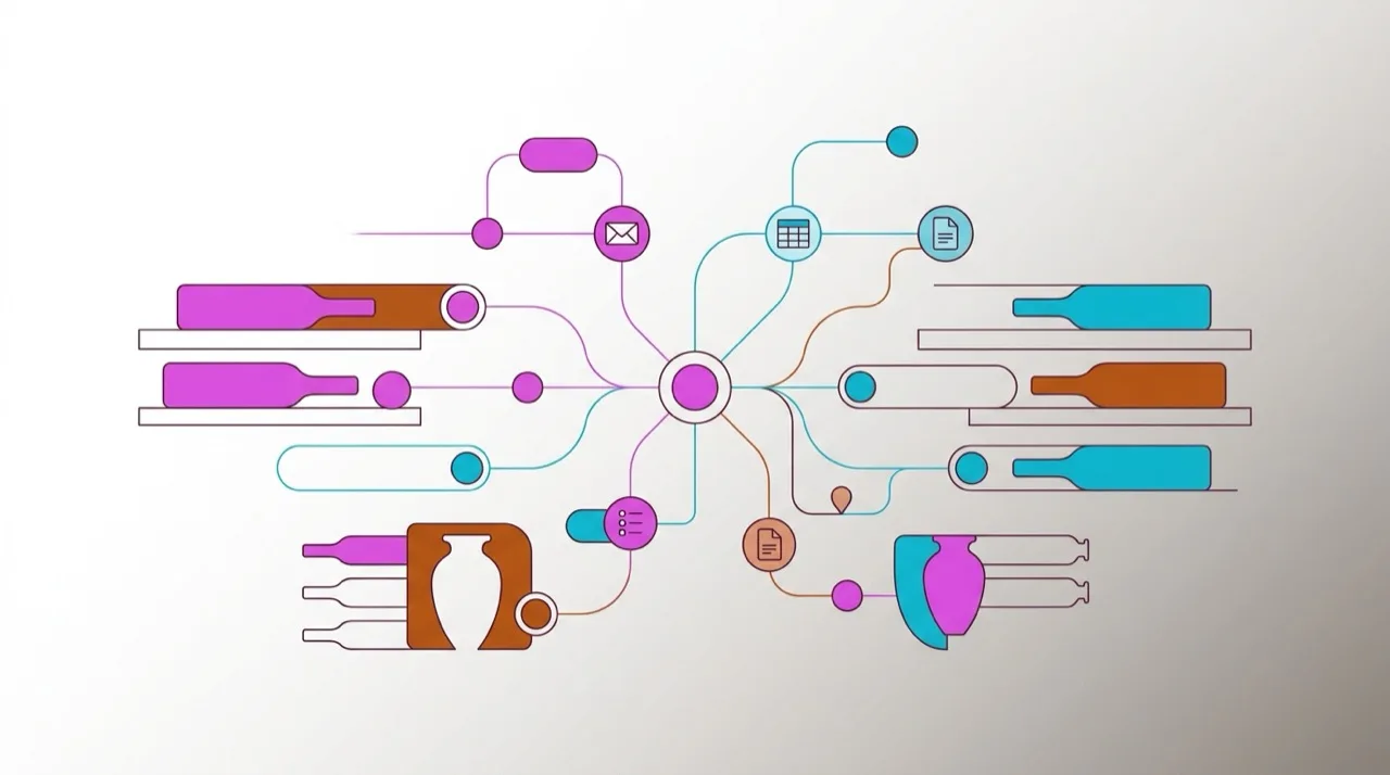 Ilustración editorial abstracta: red de nodos de workflow + iconos de email y documento + siluetas geométricas de bodega sobre gradiente blanco a gris cálido — hero case study Bodega DO española AaaS n8n + IA Genai Sapiens Consulting bodega DO española food & beverage 2026