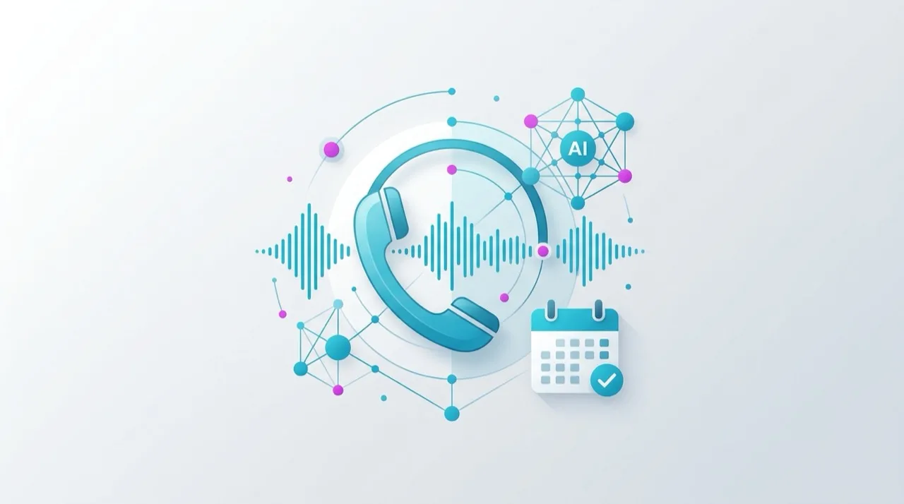 Composición editorial abstracta: auricular de recepción telefónica profesional + onda de voz en azul + nodos de red neuronal + icono de calendario editorial, sin pacientes ni instrumental clínico — hero case study Clínica privada premium Drwide agente voz IA recepción clínica privada España 2026