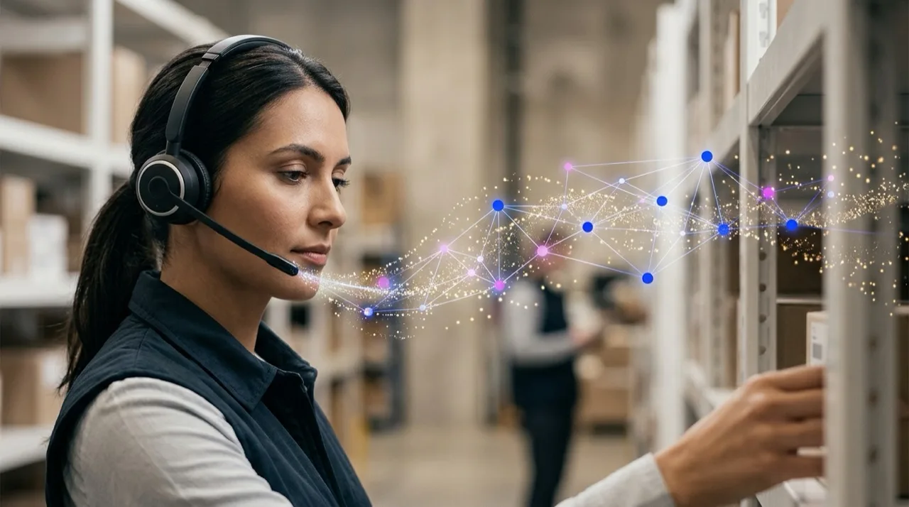 Composición editorial: operario de almacén de perfil con casco de voz profesional y nodos de red neuronal abstracta fluyendo desde el micrófono sobre estanterías de almacén desenfocadas — hero case study Ecommerce industrial agentes de voz IA picking ecommerce España 2026