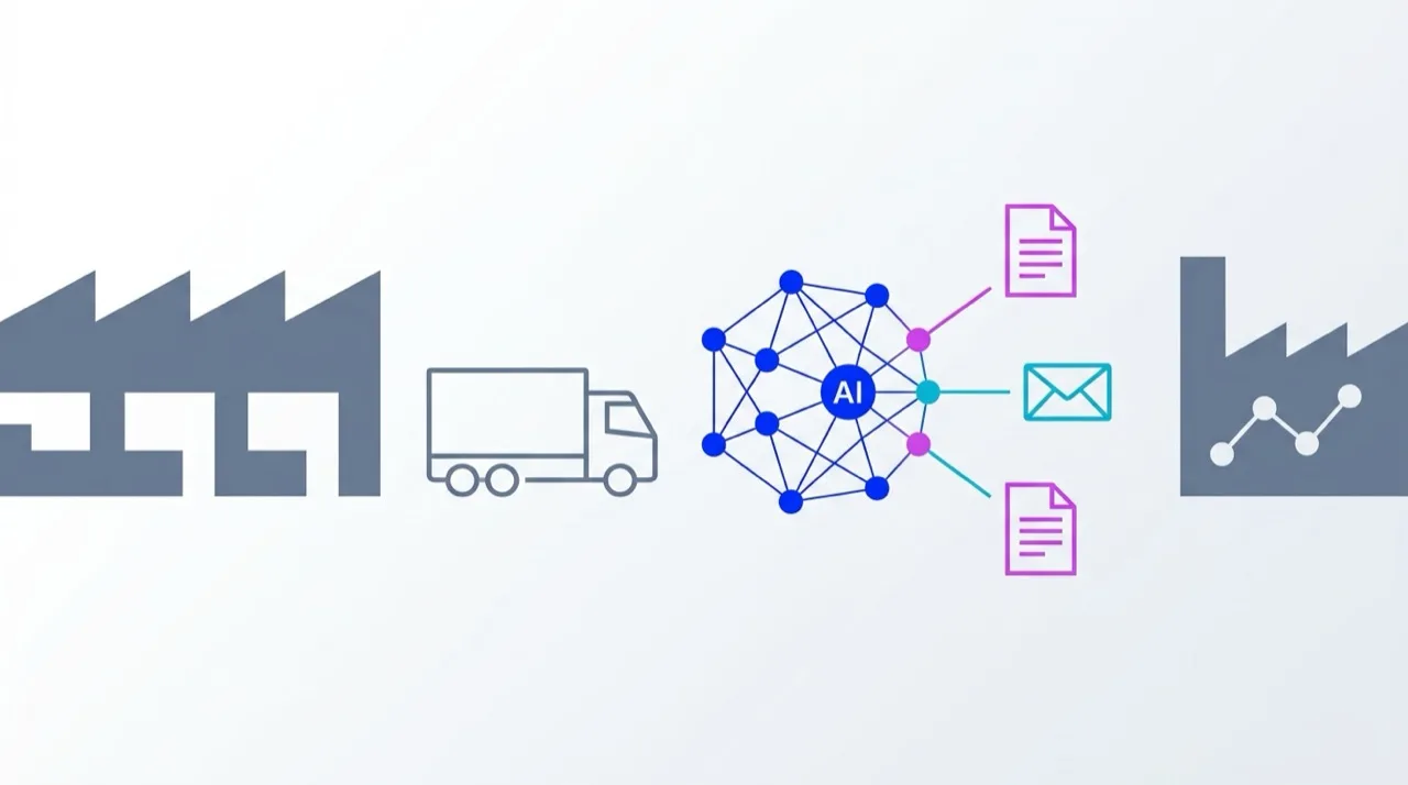 Ilustración editorial abstracta: red de nodos de workflow + iconos de albarán y email + siluetas geométricas de almacén industrial y camión logístico sobre gradiente blanco a gris claro — hero case study Industrial logística IaaS custom + MCPs Claude Genai Sapiens Consulting industrial logística España 2026
