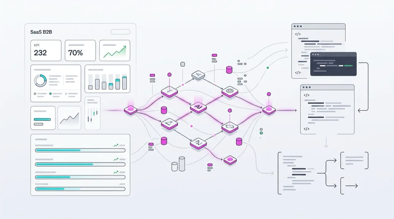 Ilustración editorial abstracta: paneles de dashboard SaaS + nodos de red neuronal + iconos de workflow y código sobre gradiente blanco a gris claro — hero case study SaaS founder B2B combo IaaS + AaaS boutique Genai Sapiens Consulting SaaS B2B 2026