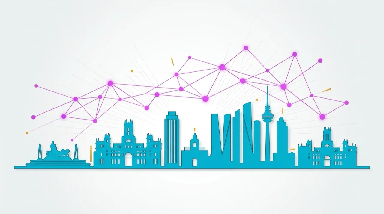Silueta abstracta del skyline de Madrid con Cibeles y Gran Vía en cian, nodos de red de IA en magenta conectando a los edificios — composición editorial sobre gradiente blanco