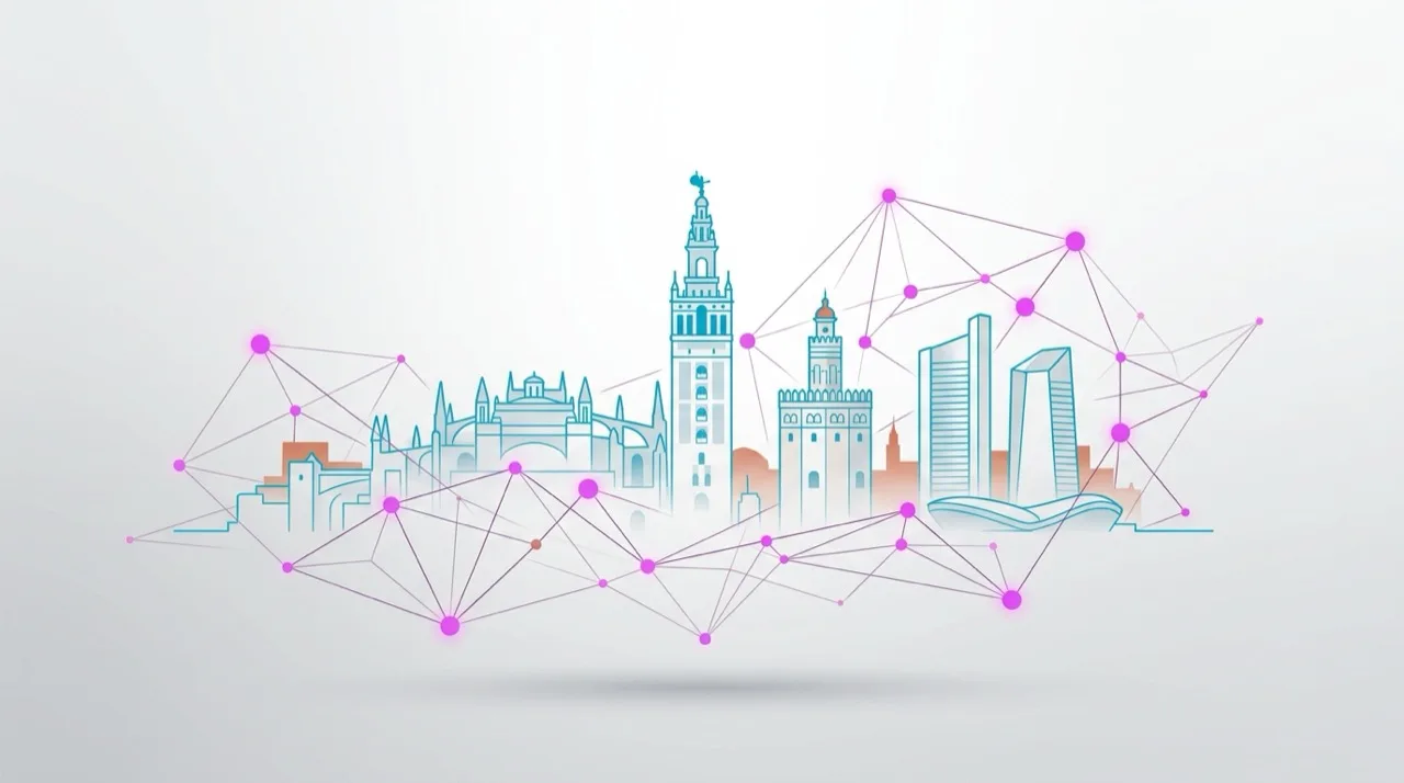 Silueta abstracta de la Giralda, Torre del Oro y edificios modernos del PCT Cartuja 93 de Sevilla en cian, nodos de red de IA en magenta conectando con acento terracota andaluz — composición editorial sobre gradiente blanco