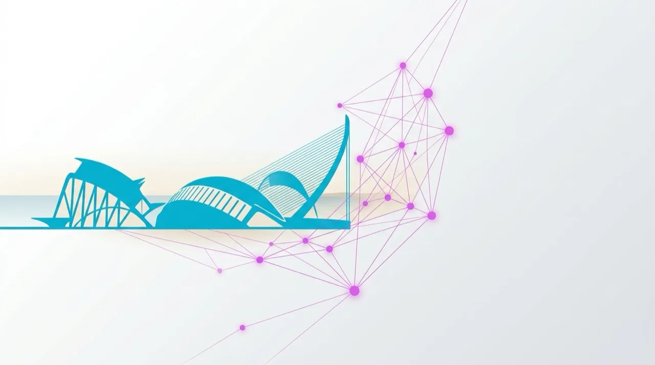 Silueta abstracta de la Ciudad de las Artes y las Ciencias de Valencia (arquitectura Calatrava) en cian, nodos de red de IA en magenta conectando sobre la línea del Mediterráneo — composición editorial sobre gradiente blanco