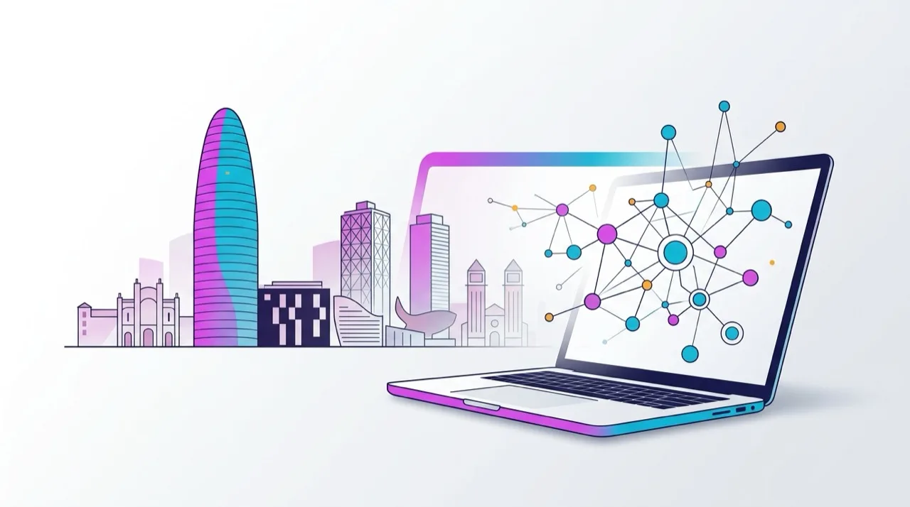 Composición editorial: silueta skyline tech Barcelona (Torre Glòries + edificios 22@) fundiéndose con un laptop de developer y nodos de red neuronal magenta-cyan irradiando sobre gradiente blanco — hero expertos Claude Code Catalunya 2026