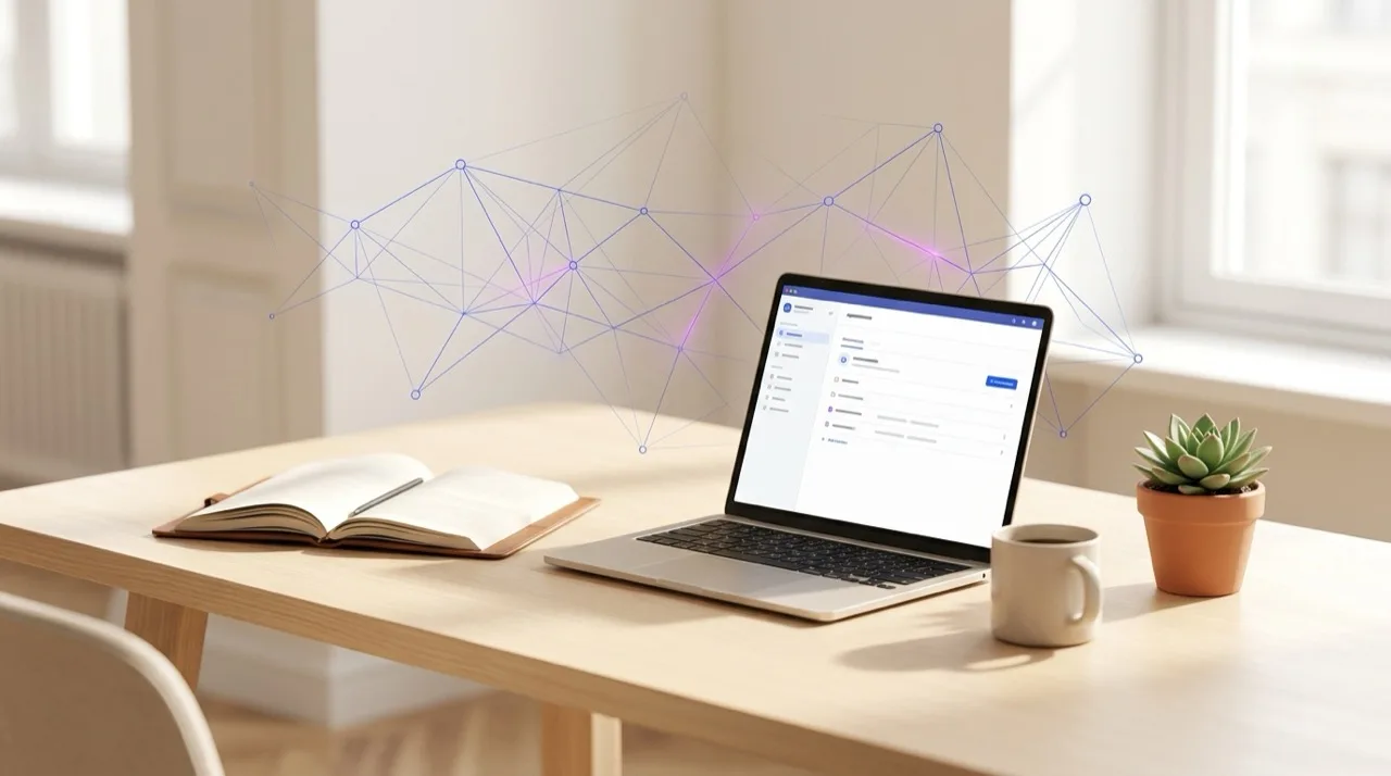 Hero editorial PYME España 2026: escritorio de oficina pequeña abierta — portátil, libreta y taza de café sobre superficie de madera clara con sutil red abstracta de nodos IA flotando por encima en azul de marca, sin estereotipos tecnológicos, luz natural cálida matinal