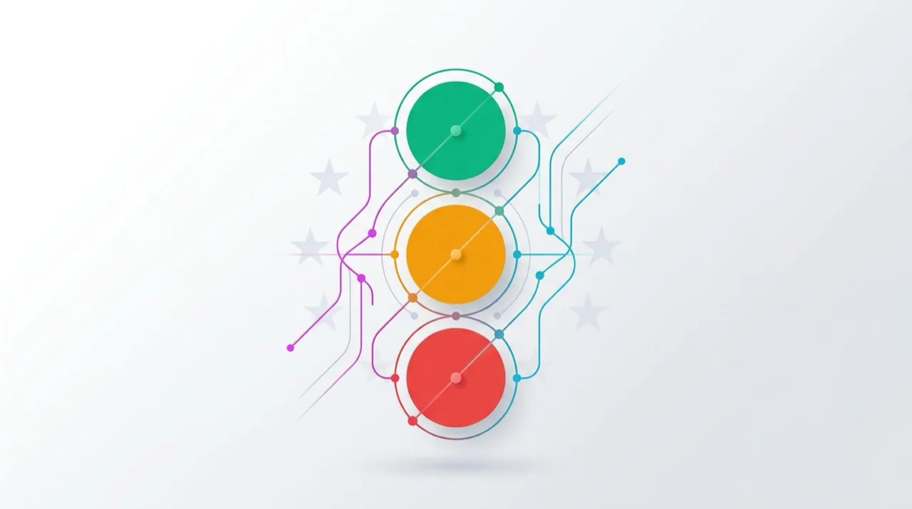 Ilustración editorial minimalista con tres círculos abstractos en verde, ámbar y rojo (semáforo) sobre red de conexiones de IA y fondo blanco neutral — representación visual del framework Semáforo AI Act de Genai Sapiens Consulting